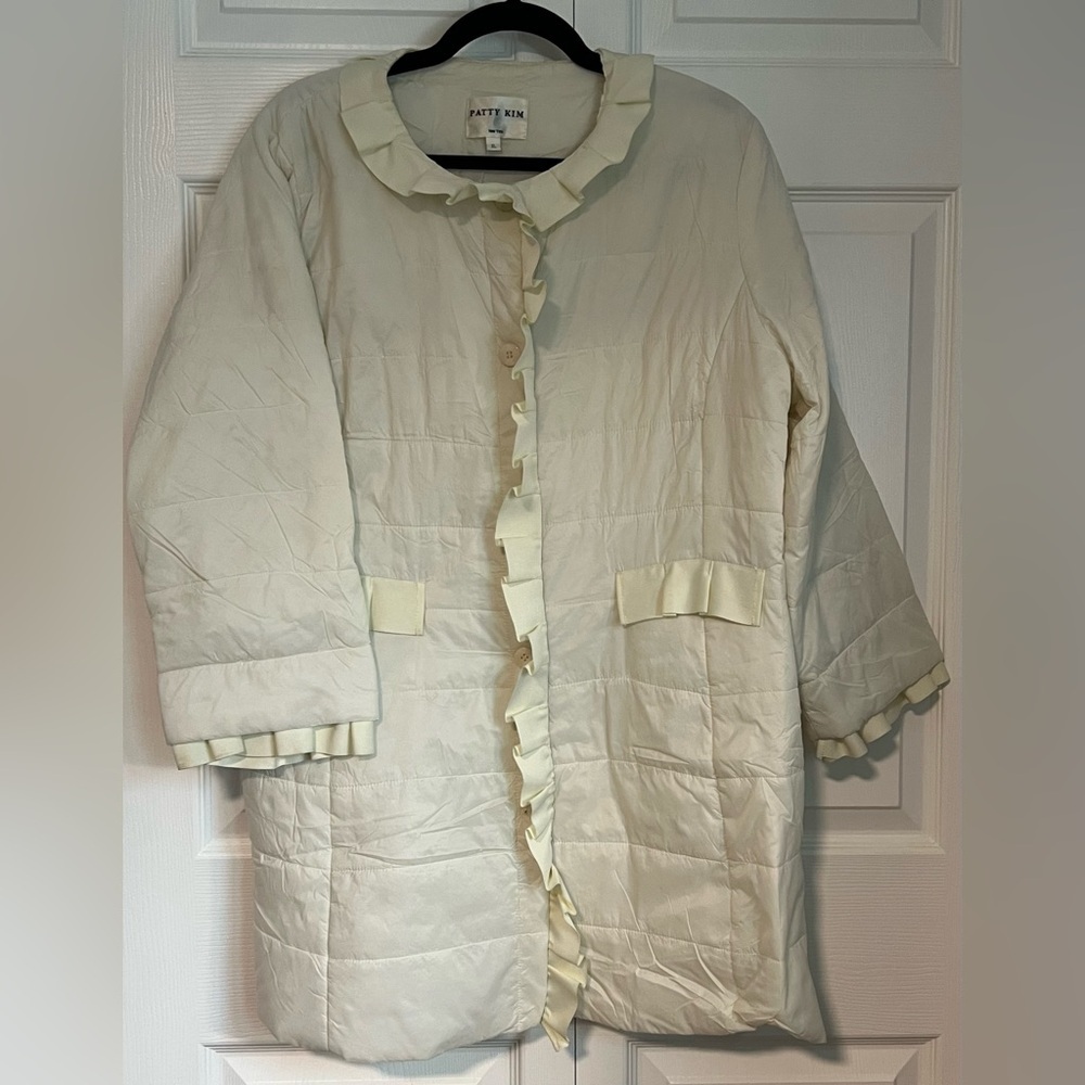 Patty Kim Cream Ruffle-Trim Quilted Coat